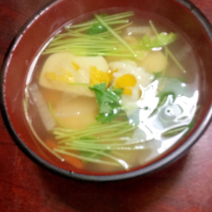 三つ葉 お 雑煮 結び三つ葉で縁起よく 花麩すまし汁